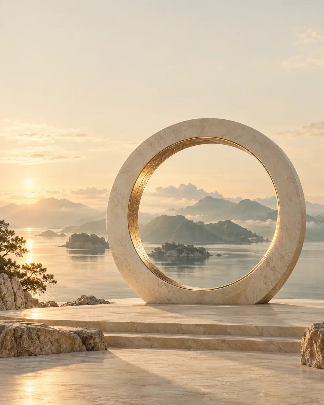 暖金色光线中的环形石门，远处是山海与云雾